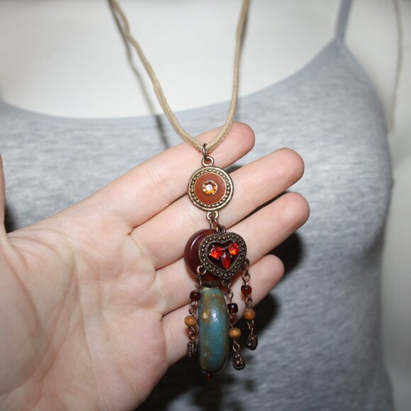 Beautiful tan cord necklace with bronze and gold pendant and ceramic beads - Picture 2 of 4
